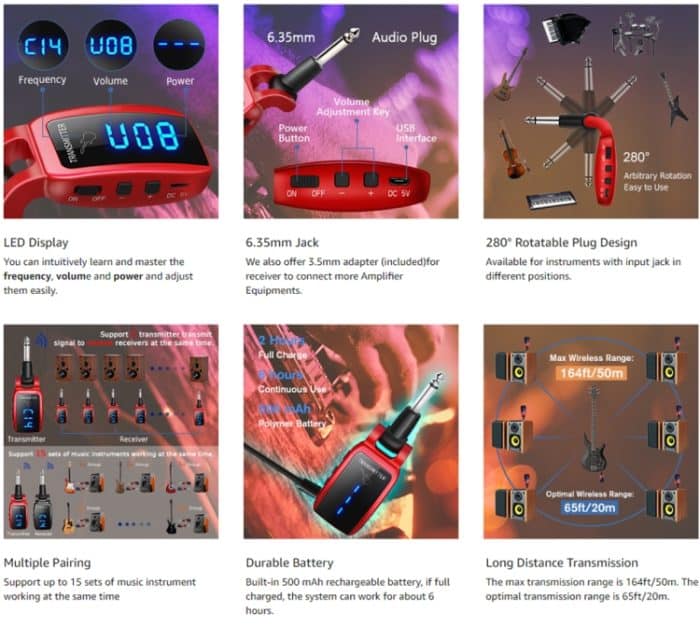 U12DX 6,35 mm Klinke Wireless Gitarre Sender Empfänger wiederaufladbarer Adapter, U12DX Red, U12DX Black – Bild 5