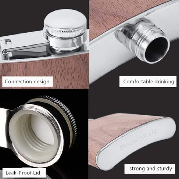 6oz Holz-Leder-Flachmann Edelstahl Whisky Wein Alkohol Flagon, Style 1, Style 2, Style 3, Style 4, Style 5 – Bild 5