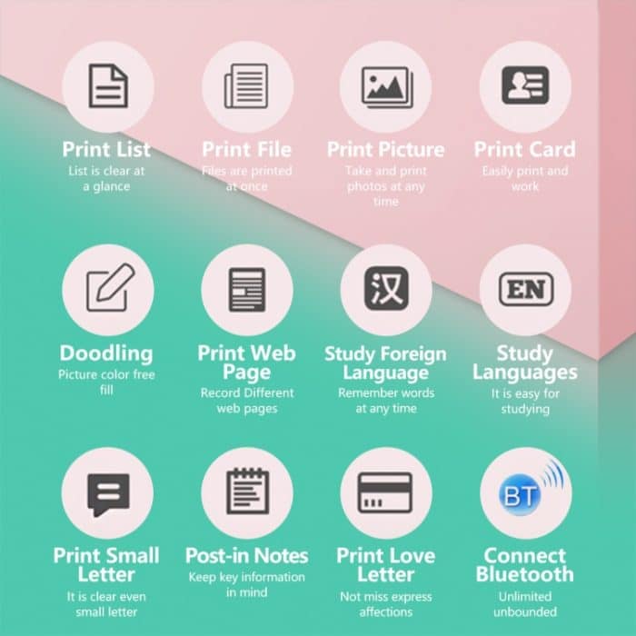 C19 200DPI Schüler-Hausaufgabendrucker Bluetooth Tintenloser Taschendrucker, Pink, Blue, Pink Printer Paper x 5, Blue Printer Paper x 5, Pink Sticker x 5, Blue Sticker x 5, Pink Set, Blue Set – Bild 4