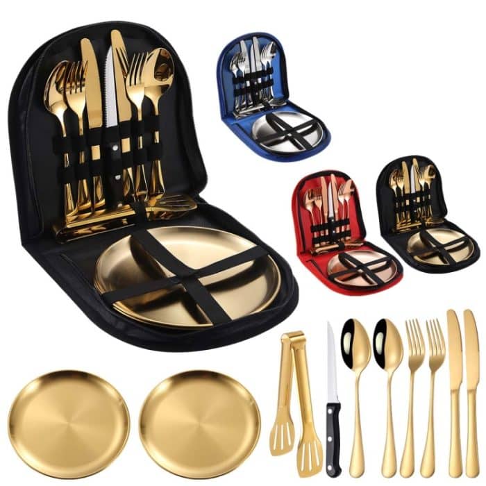 Tragbares Besteckset aus Edelstahl, Western-Steakmesser, Gabel, Löffel-Set, Farbe:, Black and Silver, Black Gold, Black Rose Gold, Blue Silver, Blue Gold, Blue Rose Gold, Red Silver, Red Gold, Red Rose Gold – Bild 2