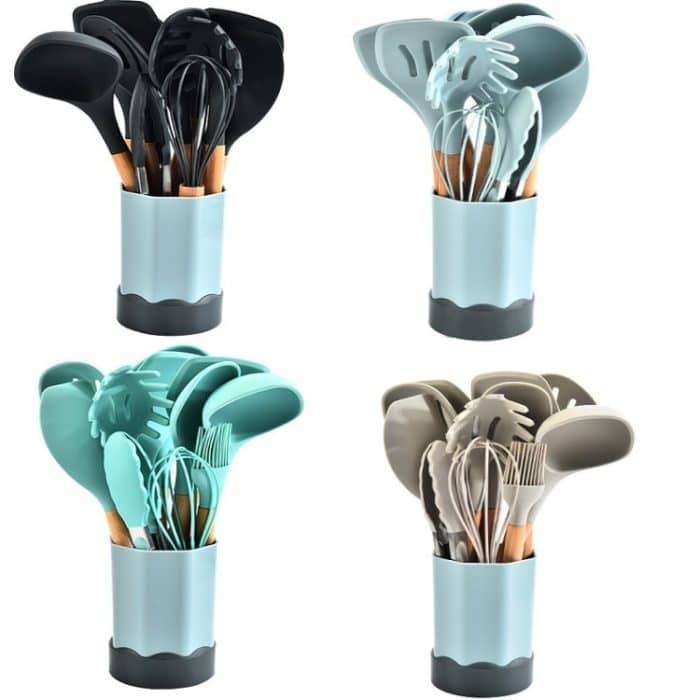 Silikon-Küchenset aus Buchenholz mit Aufbewahrungseimer, Dark Gray, Gray Blue, Green, Khaki – Bild 2