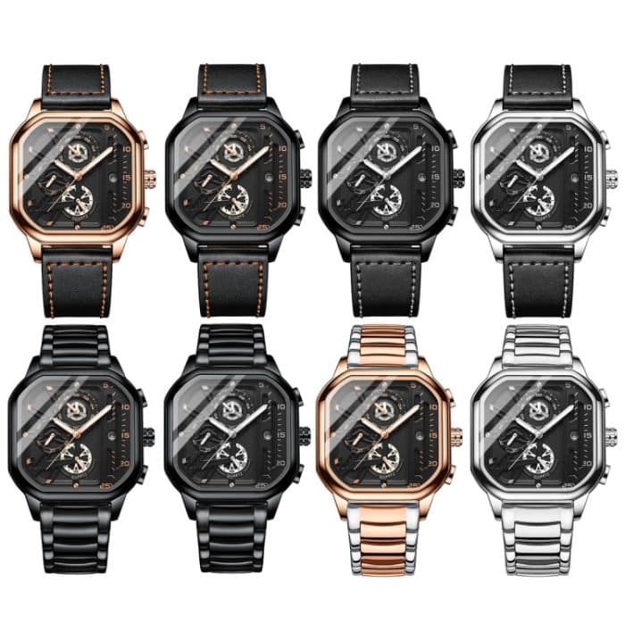 BINBOND B6577 30M wasserdichte leuchtende quadratische Quarzuhr, Black Leather-Rose Gold, Black Leather-Black-Rose Gold, Black Leather-Black-Black, Black Leather-White-White, Black Steel-Black-Rose Gold, Black Steel-Black-White, Rose Gold-Black-Rose Go... – Bild 2