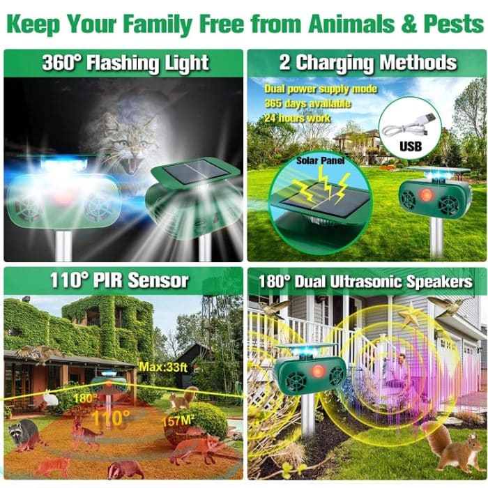 SK628 Solarbetriebener Tiervertreiber, 360-Grad-Blitzlicht, Vogelvertreiber, Ultraschall-Rattenvertreiber, Bird Repeller – Bild 5