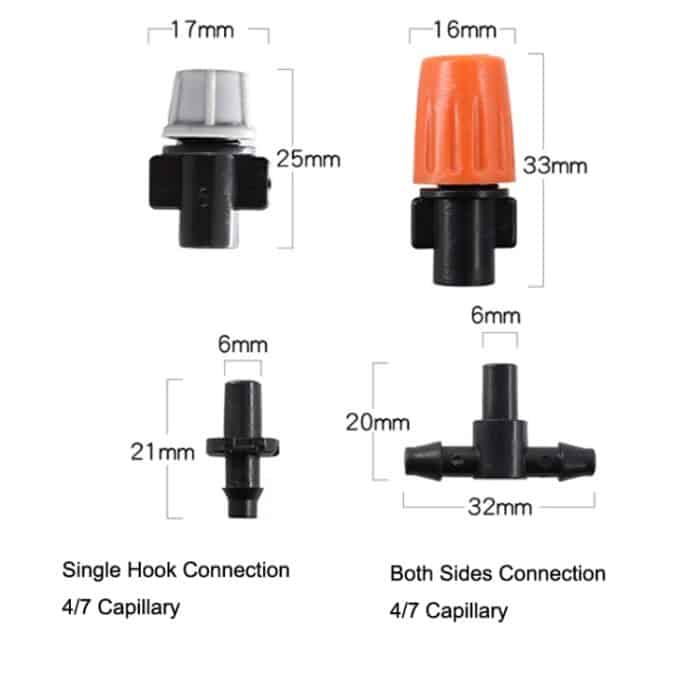 20 Stück TF-118 Gartenbewässerung Tropfbewässerungssystem Set Zubehör, Spray Head (Orange), Single Hook Connection 4/7mm Capillary (Orange), Single Hook Connection 4/7mm Capillary (Gray), Both Sides Connection 4/7mm Capillary (Gray)... – Bild 2