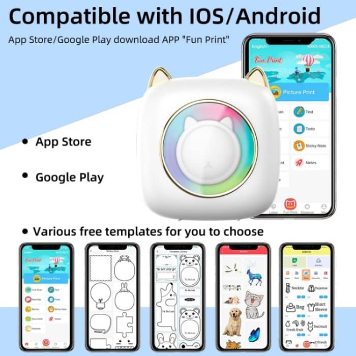 C23 Seven Colors Atmosphere Breathing Light Kabelloser Thermodrucker, C23 White+5 Rolls Thermal Paper, C23 White+3 Rolls Color Paper, C23 Blue Standard, C23 Blue+5 Rolls Thermal Paper, C23 Blue+3 Rolls Color Paper – Bild 3