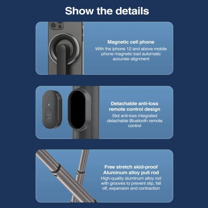 Magnetischer Selfie-Stick, Stativ-Handstabilisatorstange mit Fernbedienung, WS-22005 White, WS-22005 Black – Bild 9