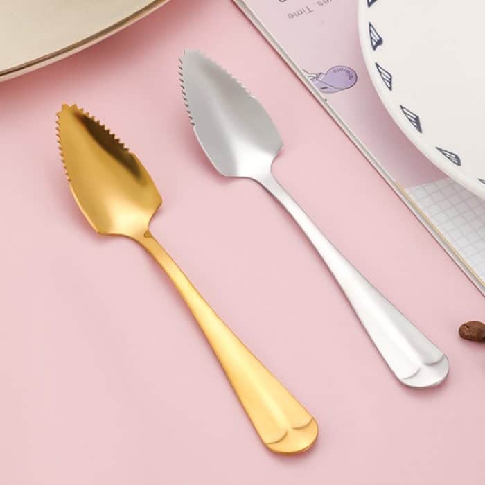 10 Stück Edelstahl Schaber Löffel Obst Grapefruit Löffel Baby Graben Ball Löffel, Silver, Gold – Bild 3