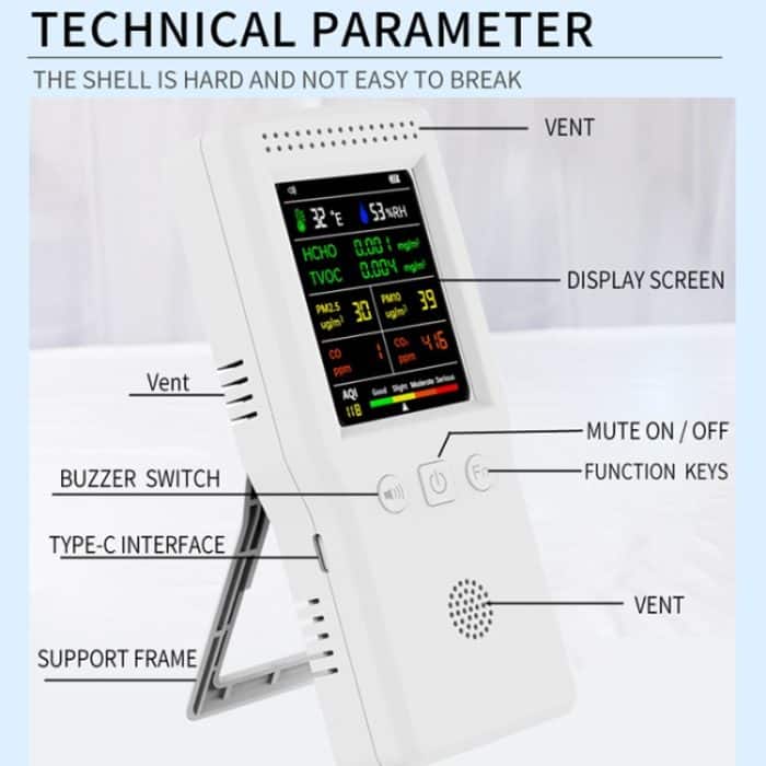 9-in-1-Luftqualitätsdetektor, tragbarer, hochpräziser Formaldehyddetektor, White, Black – Bild 5