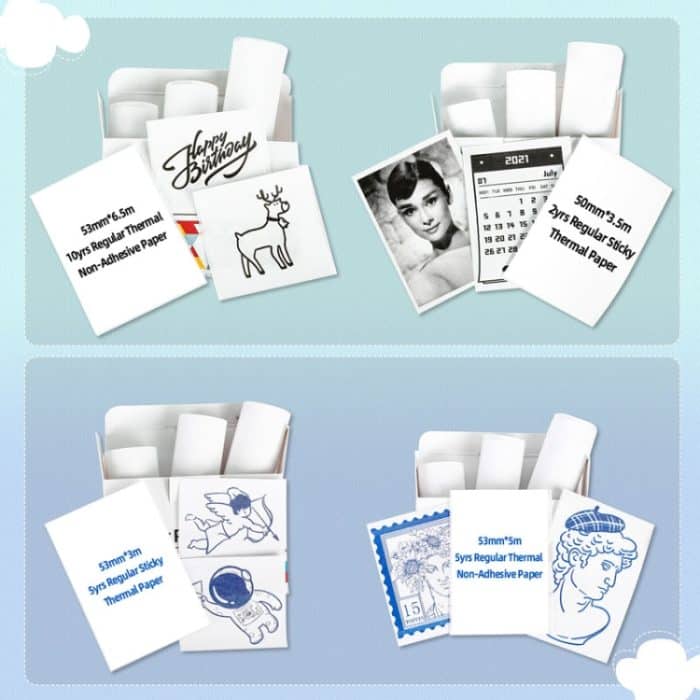 Für Phomemo T02 3 Rollen Bluetooth-Drucker Thermopapier Etikettenpapier, 53mmx6.5m 10 Years Black on White No Adhesive, 50mmx3.5m 2 Years Black on White Sticker, 50mmx3.5m 10 Years Black on White Sticker, 53mmx5m 5 Years Blue on White No Adhesive... – Bild 2