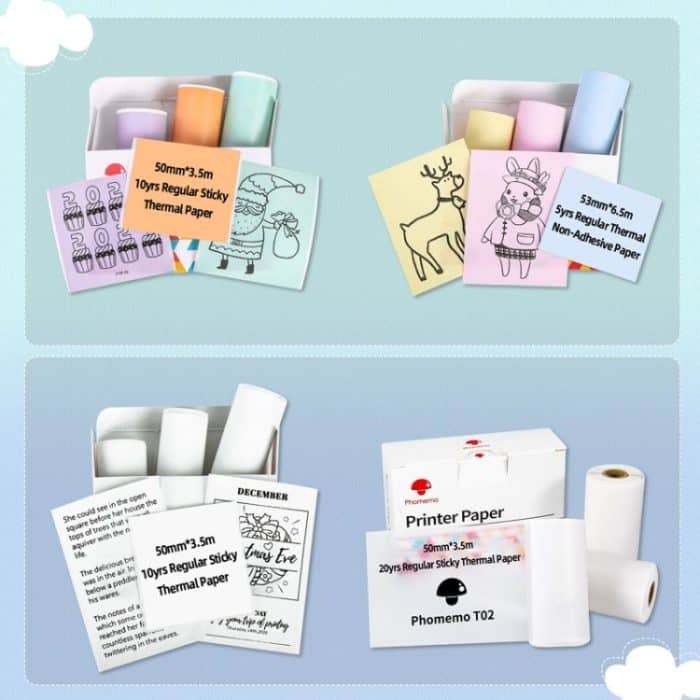 Für Phomemo T02 3 Rollen Bluetooth-Drucker Thermopapier Etikettenpapier, 53mmx6.5m 10 Years Black on White No Adhesive, 50mmx3.5m 2 Years Black on White Sticker, 50mmx3.5m 10 Years Black on White Sticker, 53mmx5m 5 Years Blue on White No Adhesive... – Bild 3