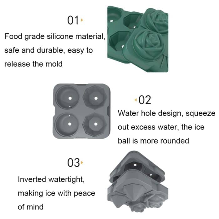 4-Loch-Rose-Diamant-Form für Cocktail-Eiswürfel, Silikon-Eisball-Maker, Rose Shape (Grey), Rose Shape (Dark Green), Rose Shape (Black), Rose Shape (Black with Ice Clip), Rose Shape (Gray with Ice Clip), Rose Shape (Dark Green with Ice Clip) – Bild 11