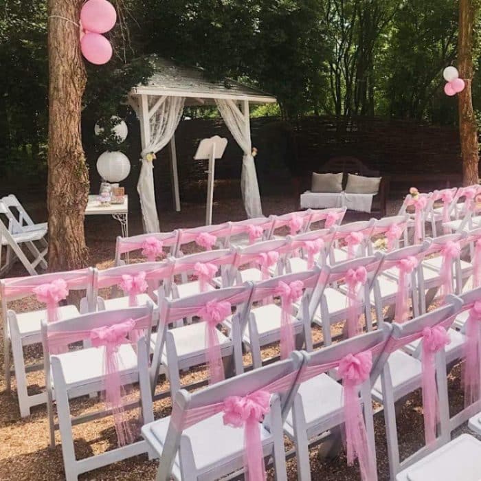 Hotel-Hochzeits-Organza-freie Krawatten-Stuhl-Rücken-Blumen-Sitz-Garn-Dekorationen Tüll-Stuhl-Rücken-Bögen – Bild 5