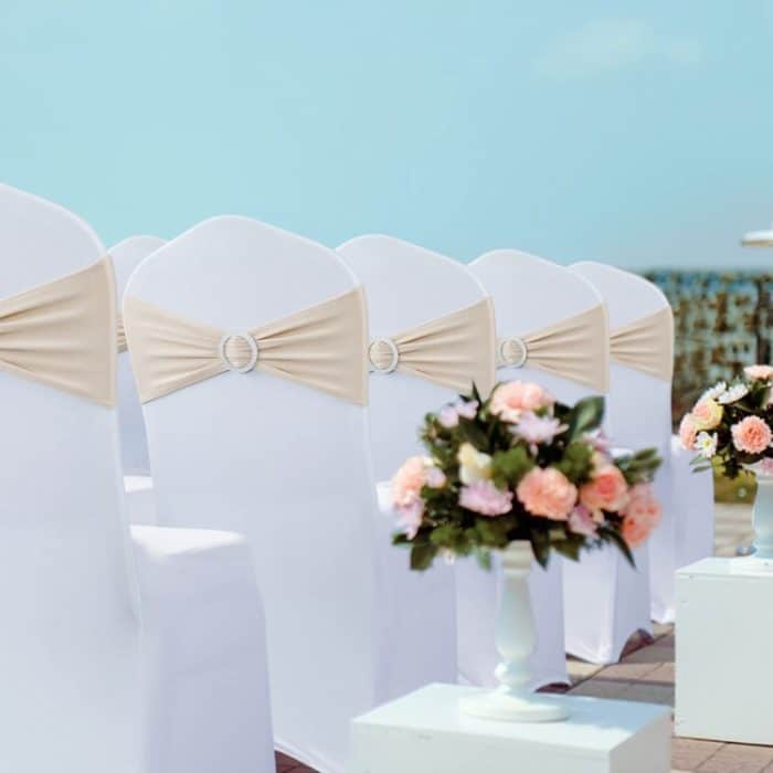Krawattenfreie elastische Stuhllehne, Blumenschleife, Stuhlbezug, Sitzdekoration, Krawatten, Hotel-Hochzeitszubehör, (Champagne), (Pink), (Sapphire Blue) – Bild 5