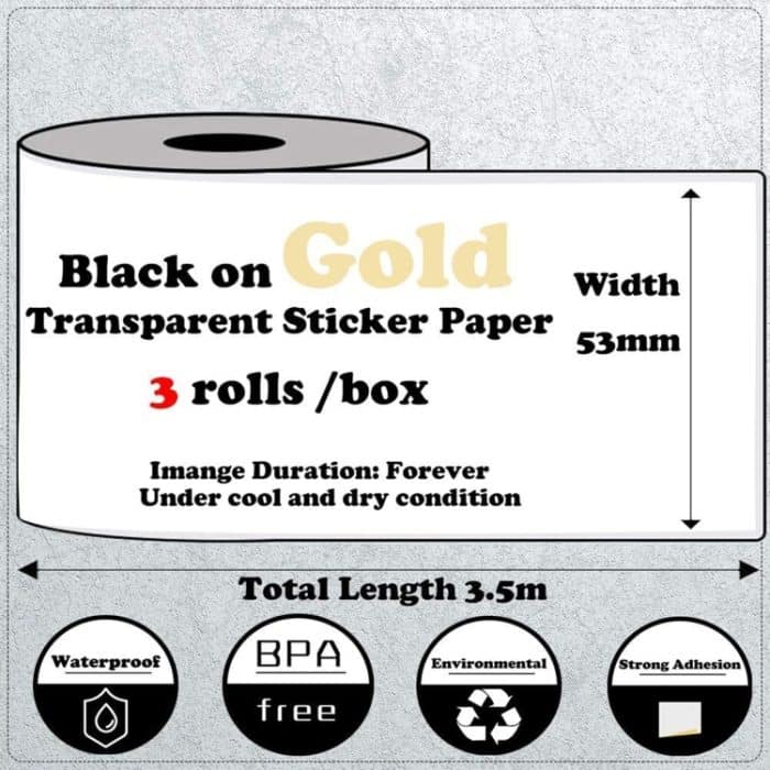 3 Rollen/Packung Phomemo für M02/M02S/M02Pro 50 mm Thermo-Etikettendruckpapier für Aufkleberdrucker mit schwarzem Buchstaben auf goldenem Pulverhintergrund – Bild 3