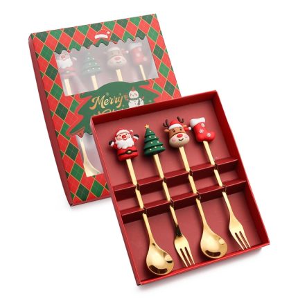 4 Stück / Packung Weihnachts-Cartoon-Puppe-Edelstahlgeschirr, A Spoon Fork, B Spoon Fork, C Spoon Fork, D Spoon
