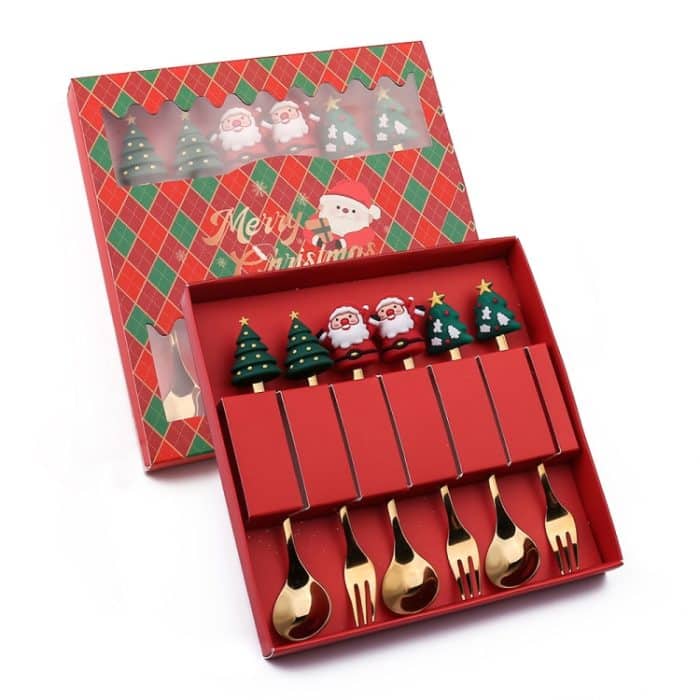 6 Stück / Packung Weihnachts-Cartoon-Puppe-Edelstahlgeschirr, A Gold Spoon Fork+Red Box, B Gold Spoon Fork+Red Box, C Gold Spoon Fork+Red Box, D Gold Spoon Fork+Red Box, D Gold Spoon+Red Box, A Gold Spoon Fork+Green Box, B Gold Spoon Fork+Green Box... – Bild 1
