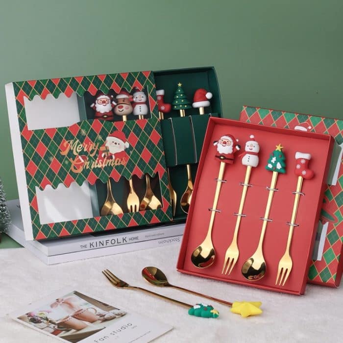 6 Stück / Packung Weihnachts-Cartoon-Puppe-Edelstahlgeschirr, A Gold Spoon Fork+Red Box, B Gold Spoon Fork+Red Box, C Gold Spoon Fork+Red Box, D Gold Spoon Fork+Red Box, D Gold Spoon+Red Box, A Gold Spoon Fork+Green Box, B Gold Spoon Fork+Green Box... – Bild 2