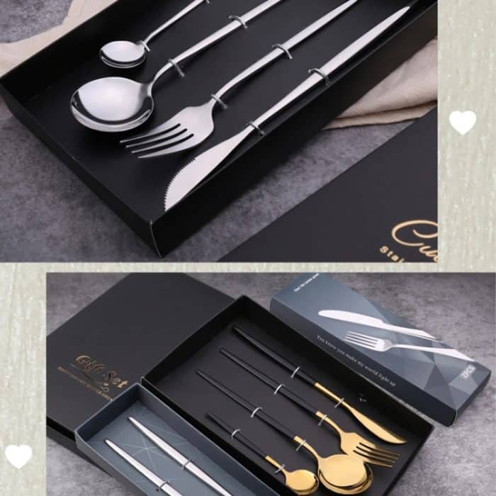 4 Stück/Packung Edelstahl-Besteck mit glänzendem Spiegel, Geschenkset, With Tea Spoon (Silver), With Tea Spoon (Titanium), With Tea Spoon (Black Golden), With Chopsticks (Silver), With Chopsticks (Titanium), With Chopsticks (Black Golden) – Bild 5