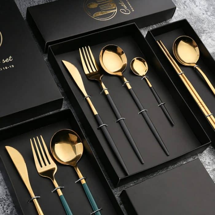 4 Stück/Packung Edelstahl-Besteck mit glänzendem Spiegel, Geschenkset, With Tea Spoon (Silver), With Tea Spoon (Titanium), With Tea Spoon (Black Golden), With Chopsticks (Silver), With Chopsticks (Titanium), With Chopsticks (Black Golden) – Bild 6