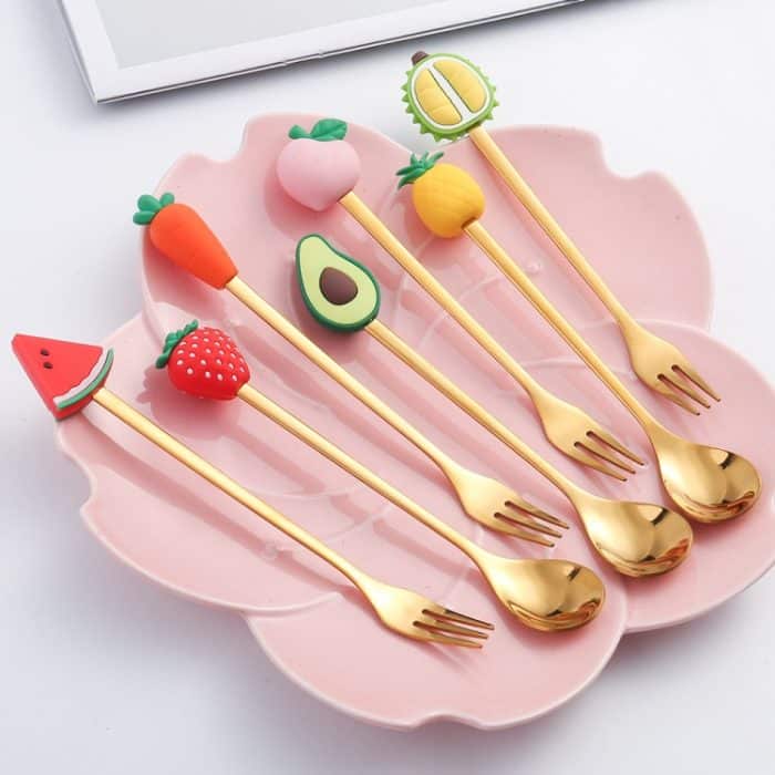 Edelstahl-Kaffeelöffel, Cartoon-Fruchtgabel, niedliches Kindergeschirr, Little Lemon Spoon, Little Lemon Fork – Bild 3
