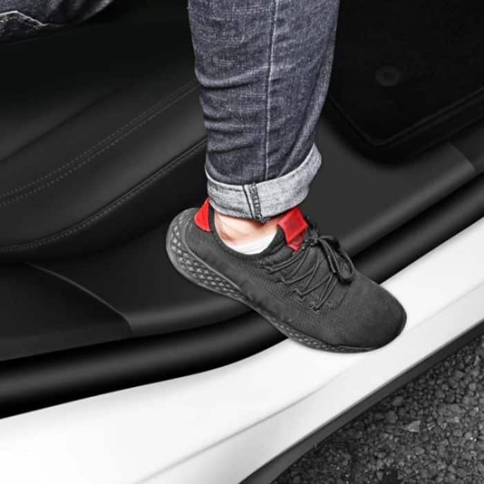 Für Tesla Model Y Hintertür integrierte Schwellerleiste Rücksitze Anti-Kick-Lederschutzpolster, Black, Carbon Fiber, TPE – Bild 9