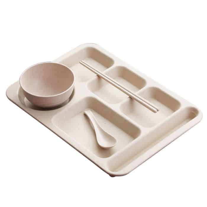 TBD0604255401A.jpg 4 teile/satz Weizenstroh Split Speiseteller Mit Schüssel Stäbchen Löffel Geschirr Set – Bild 1