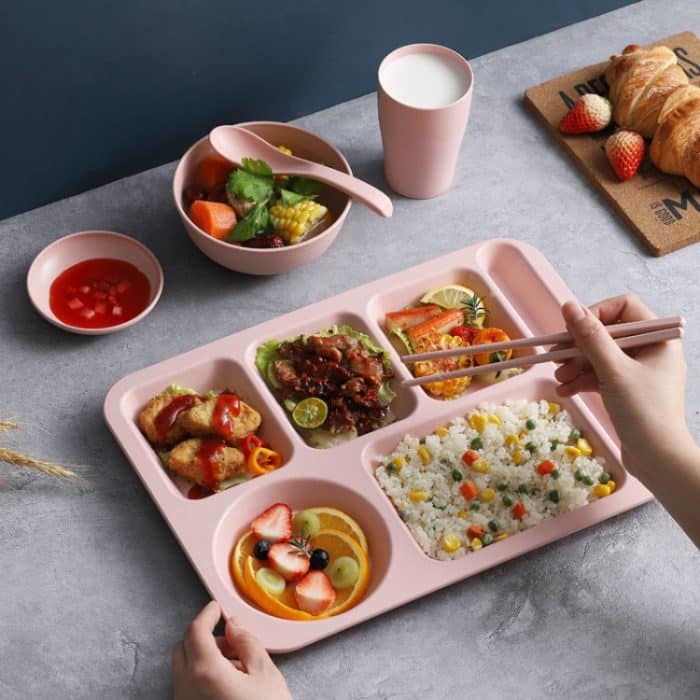 4 teile/satz Weizenstroh Split Speiseteller Mit Schüssel Stäbchen Löffel Geschirr Set – Bild 7