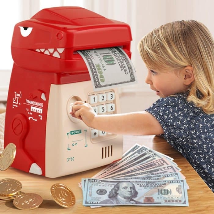 Kinder Cartoon Dinosaurier Passwort Münzbank Automatische rollende Münzbank Spielzeug, 16.5 x 12 x 20.5cm – Bild 8
