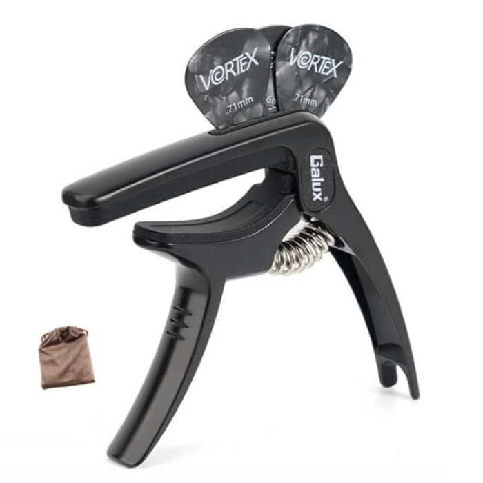 Galux GC501A Pitch-Clip für Akustikgitarre, Folk-Ukulele, Metall-Clip mit Aufbewahrungstasche, Black, Silver, Fantasy Color, Dark Wood Pattern – Bild 1