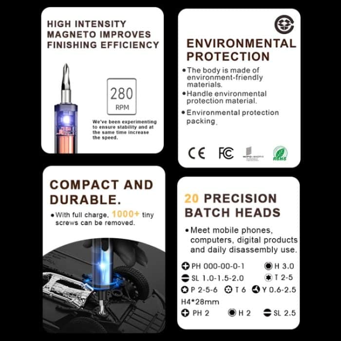 BAKU Elektro-Schraubendreher-Set für Arbeitsplatte, 280 U/min/min, 0,35 Nm, mit 20 Bits – Bild 4