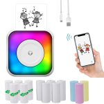 Tragbarer Mini-Bluetooth-Drucker mit RGB-Licht, tintenloser Dokumentenetikettendrucker, with 1-Roll Paper, with 5-Rolls Paper, with 5-Rolls Stickers, with 5 Paper+5 Stickers+3 Color Paper – Bild 2