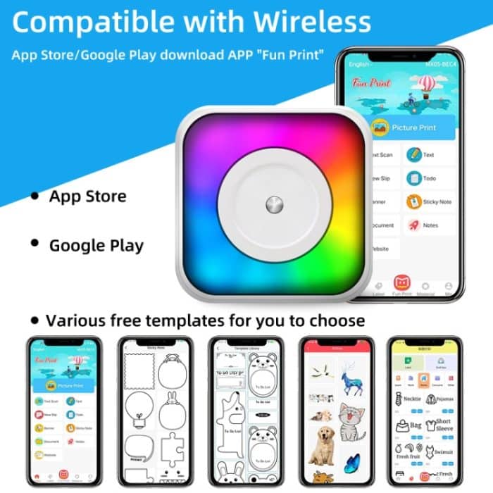 Tragbarer Mini-Bluetooth-Drucker mit RGB-Licht, tintenloser Dokumentenetikettendrucker, with 1-Roll Paper, with 5-Rolls Paper, with 5-Rolls Stickers, with 5 Paper+5 Stickers+3 Color Paper – Bild 6