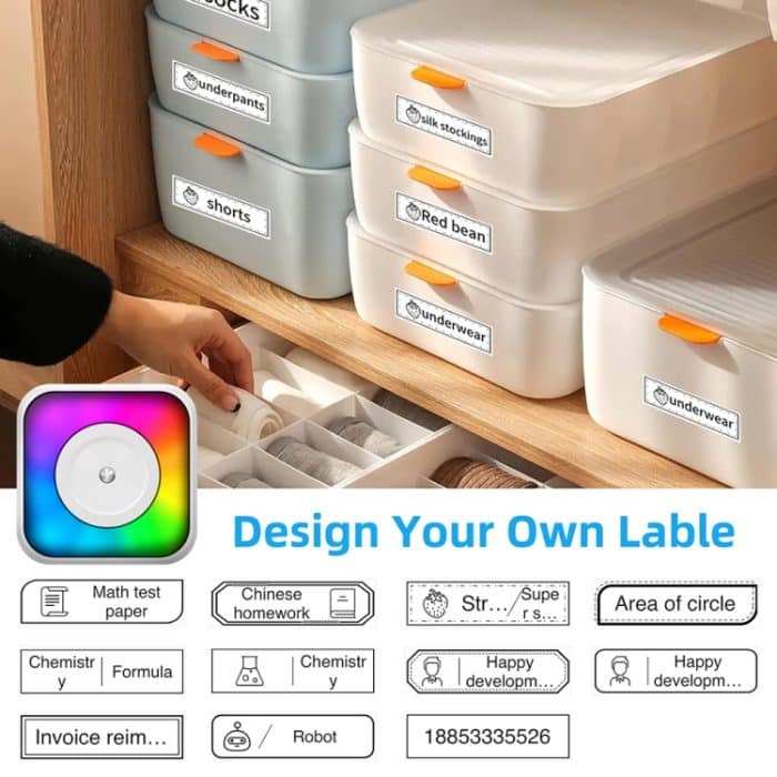 Tragbarer Mini-Bluetooth-Drucker mit RGB-Licht, tintenloser Dokumentenetikettendrucker, with 1-Roll Paper, with 5-Rolls Paper, with 5-Rolls Stickers, with 5 Paper+5 Stickers+3 Color Paper – Bild 7