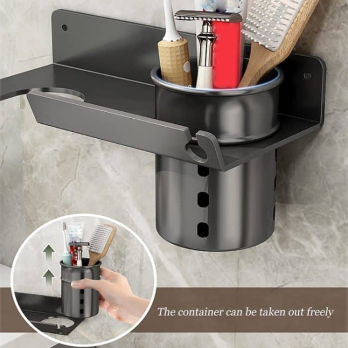 Badezimmer-Haartrockner-Regal zur Wandmontage, Seifen- und Toilettenartikelregal, With Hair Dryer Rack (White), With Hair Dryer Rack (Black), With Cup (White) – Bild 6