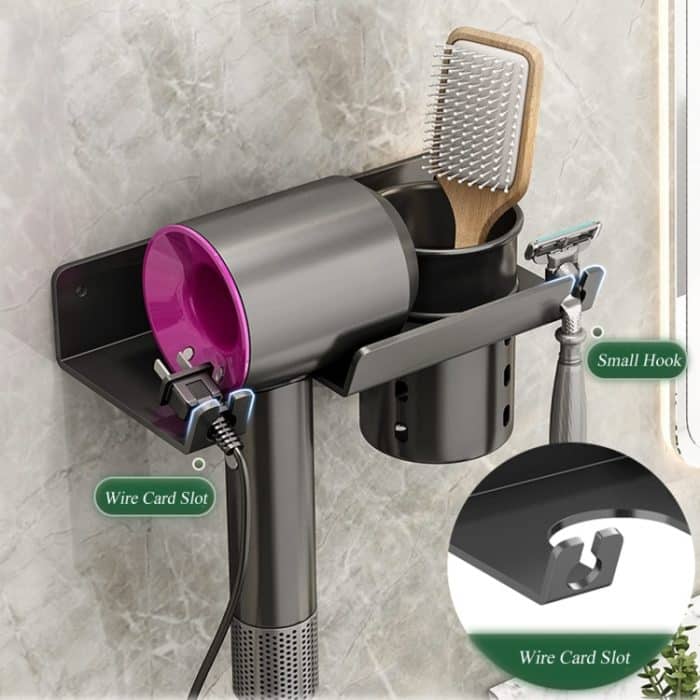 Badezimmer-Haartrockner-Regal zur Wandmontage, Seifen- und Toilettenartikelregal, With Hair Dryer Rack (White), With Hair Dryer Rack (Black), With Cup (White) – Bild 7