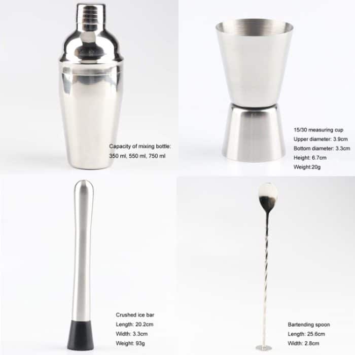 4-in-1-Edelstahl-Mixer-Set mit Bambus-Ständer-Shaker-Werkzeugen, 350ml, 550ml, 750ml – Bild 5