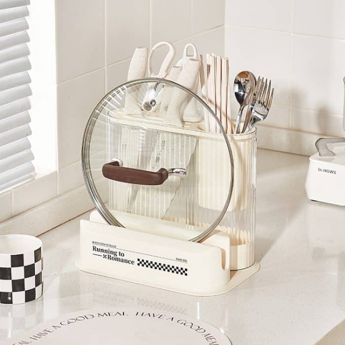 Cremefarbener Küchen-Aufbewahrungsständer, Messerhalter, Schneidebrett, Pot Lid Rack, Knife Rack, 2 In 1 – Bild 2