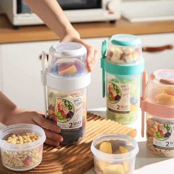 Salat-Mahlzeiten-Shaker-Becher, tragbarer Obst- und Gemüsebehälter mit Gabel-Dressing-Box, Small White, Small Pink, Small Blue, Large White, Large Pink, Large Blue – Bild 2