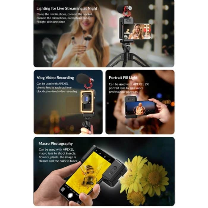 APEXEL Multifunktionaler Fülllicht-Telefonclip mit 1/4 Zoll und M17-M37-Gewinde, APL-FL.23 – Bild 12