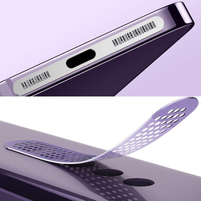 2 teile/satz Für IPhone 12/13/14/15 Serie Lautsprecher Überzug Metall Staub-Proof Mesh Lade port Schutz Film Staub Aufkleber – Bild 4