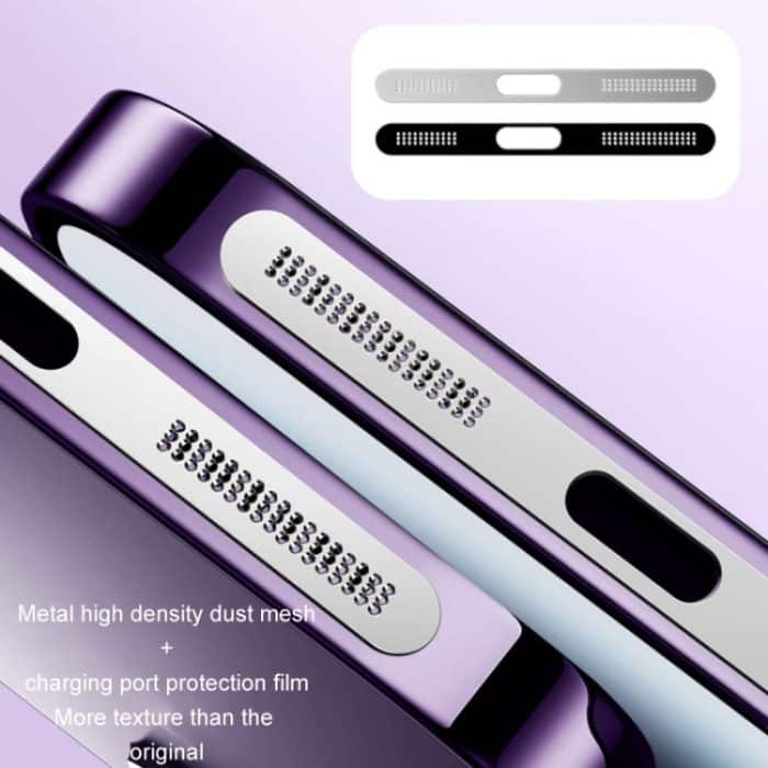 2 teile/satz Für IPhone 12/13/14/15 Serie Lautsprecher Überzug Metall Staub-Proof Mesh Lade port Schutz Film Staub Aufkleber – Bild 5