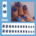 24 Stück/Box Kurzes Pressen auf den Nägeln Bling Aurora Nail Galaxy Blue Glitter Fake Nails, W1079
