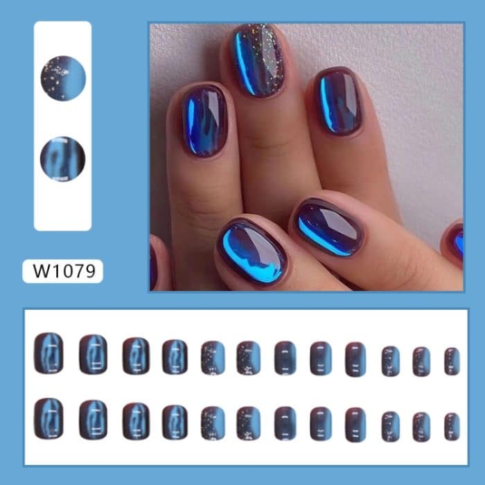 24 Stück/Box Kurzes Pressen auf den Nägeln Bling Aurora Nail Galaxy Blue Glitter Fake Nails, W1079 – Bild 1