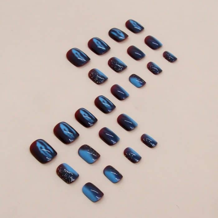 24 Stück/Box Kurzes Pressen auf den Nägeln Bling Aurora Nail Galaxy Blue Glitter Fake Nails, W1079 – Bild 3