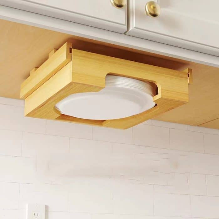 9-Zoll-Papptellerspender unter dem Schrank, Bambus-Tellerhalter, Küchenregal, 24 x 26.5 x 6.5 – Bild 2