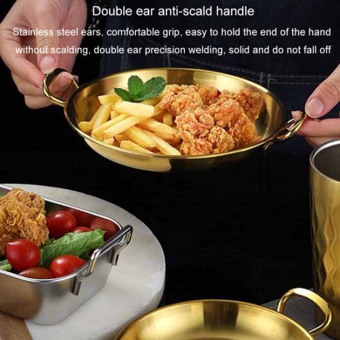 304 Edelstahl mit Doppelohr-Snack-Tablett, gebratene Hähnchenchips, kalte Gerichte, Süßigkeiten-Snacks-Tablett, 13cm Round (Silver), 15cm Round (Silver), 17cm Round (Silver), Small Square (Silver), Large Square (Silver), 13cm Round (Gold)... – Bild 8