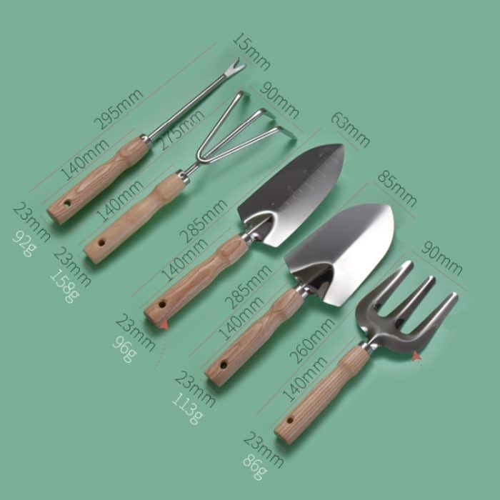 Gartenpflanz-Schaufelwerkzeuge, verdickter Holzgriff, Gartenset, Large Shovel, Small Shovel, Triple Fork, Wire Rake, Picker – Bild 3