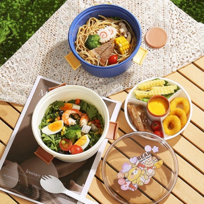 1100ml Cartoon Runde Mikrowellengeeignete Bento Box Outdoor Student Lunchbox, Beauty Pink, Space Blue, Bear Brown – Bild 11
