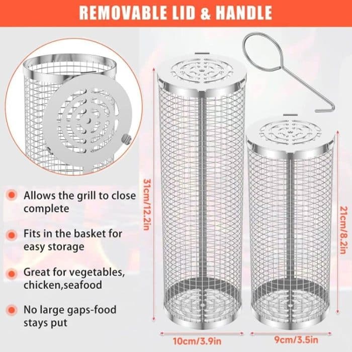 Upgrade-Grillkäfig mit Klappdeckel und Rollkorb aus Edelstahl, Small, Large, Small+Large – Bild 6