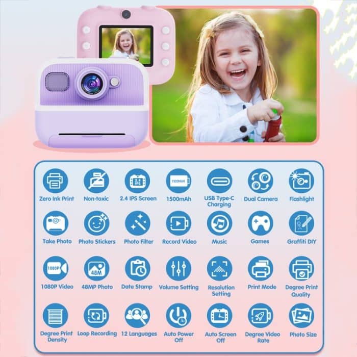 M8 2,4-Zoll 1080P HD 2400W Pixel Dual-Kamera Kinder Thermodruckkamera, Pink, Blue, Purple, Pink+32GB, Blue+32GB, Purple+32GB – Bild 6
